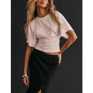 Lumister Shirts for Womens Crewneck Tighten Waist T-Shirt Casual Short Sleeve Workout Tops Solid Color Basic Tees(0781-White-XS)