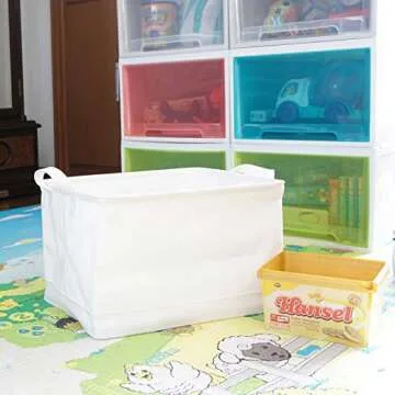 Storage basket collapsible white canvas with drawstring cover and handle, waterproof lining for storage and sorting of clothes, toys or office files