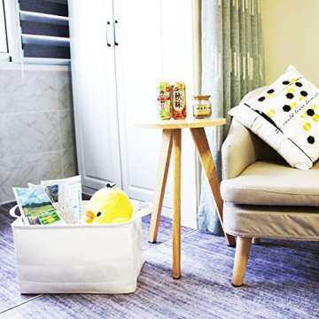 Storage basket collapsible white canvas with drawstring cover and handle, waterproof lining for storage and sorting of clothes, toys or office files