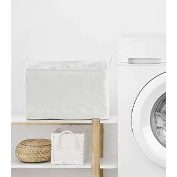 Storage basket collapsible white canvas with drawstring cover and handle, waterproof lining for storage and sorting of clothes, toys or office files