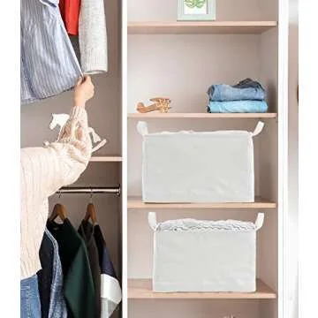 Storage basket collapsible white canvas with drawstring cover and handle, waterproof lining for storage and sorting of clothes, toys or office files