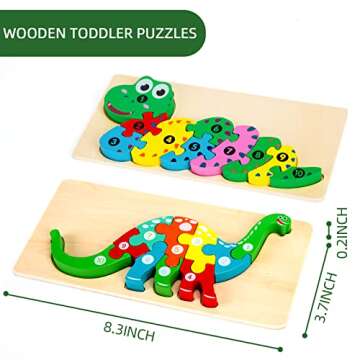LOVESTOWN Wooden Toddler Puzzles, 2PCS Animal Puzzles Montessori Toys Small Snake Dinosaur Jigsaws f...