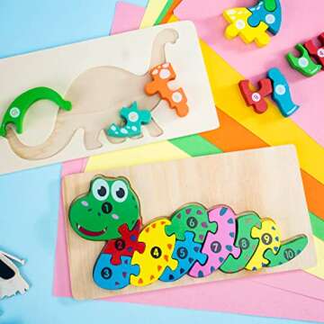 LOVESTOWN Wooden Toddler Puzzles, 2PCS Animal Puzzles Montessori Toys Small Snake Dinosaur Jigsaws for Kids Ages 3 4 5 6