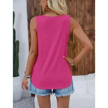 Halife Women's Summer V Neck Tank Top Loose Casual Half Zip Shirts Hot Pink Sleeveless Tops Small
