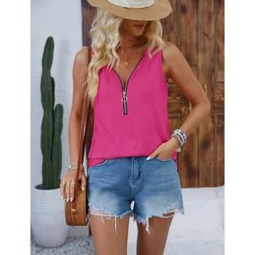 Halife Women's Summer V Neck Tank Top Loose Casual Half Zip Shirts Hot Pink Sleeveless Tops Small