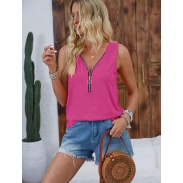 Halife Women's Summer V Neck Tank Top Loose Casual Half Zip Shirts Hot Pink Sleeveless Tops Small