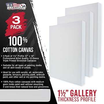 U.S. Art Supply 12 x 16 inch Gallery Depth 1-1/2" Profile Stretched Canvas, 3-Pack - 12-Ounce Acryli...