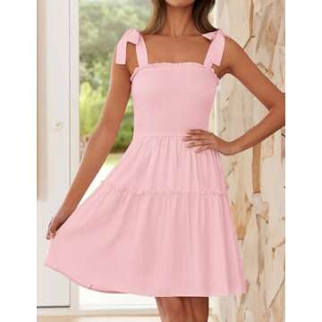 ZESICA Women's 2025 Summer Spaghetti Strap Sleeveless Square Neck Ruffle A Line Swing Mini Dress,Pink,Large