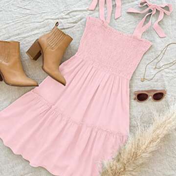 ZESICA Women's 2025 Summer Spaghetti Strap Sleeveless Square Neck Ruffle A Line Swing Mini Dress,Pink,Large