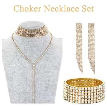 2 Sets Women Rhinestone Crystal Jewelry Set Bridal Wedding Costume Outfit Glitter Necklace Fringe Earrings Bracelet (Gold, Silver)