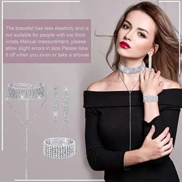 2 Sets Women Rhinestone Crystal Jewelry Set Bridal Wedding Costume Outfit Glitter Necklace Fringe Earrings Bracelet (Gold, Silver)