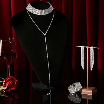 2 Sets Women Rhinestone Crystal Jewelry Set Bridal Wedding Costume Outfit Glitter Necklace Fringe Earrings Bracelet (Gold, Silver)