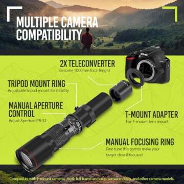 Big Mike’s High-Power 500mm/1000mm f/8 Manual Telephoto Lens for Nikon DSLR, Black