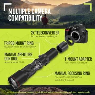 Big Mike’s High-Power 500mm/1000mm f/8 Manual Telephoto Lens for Nikon DSLR, Black