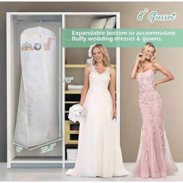 MISSLO 70" Bridal Wedding Gown Dress Garment Bag with Accessories Pouch Large Travel Garment Cover 8" Gusset (White)