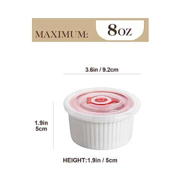 MALACASA Ramekins with Lids 8 oz - Set of 6, White Porcelain Creme Brulee Souffle Ramekins with Cove...