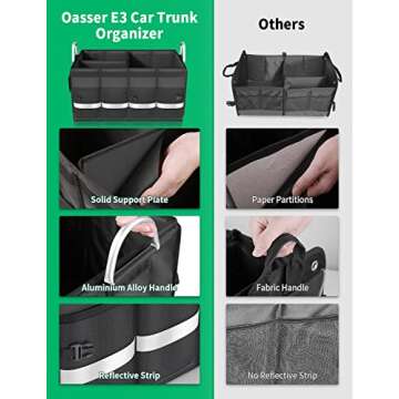 Oasser Trunk Organizer Cargo Organizer Trunk Storage Waterproof Collapsible Durable Multi Compartments with Foldable Cover Aluminium Alloy Handle Reflective Strip (Large, Black)
