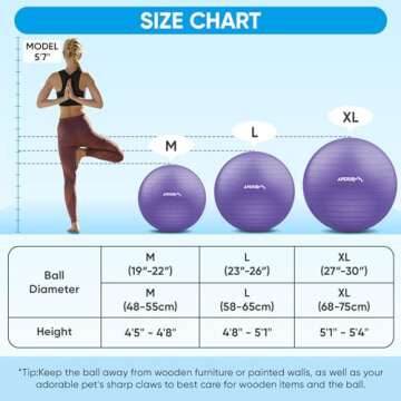 APEXUP Yoga Ball Exercise Ball, Anti Slip Stability Ball Chair, Heavy Duty Large Gym Ball for Fitness, Balance, Core Workout and Physical Therapy (M (19"~22'') 55cm, Purple)