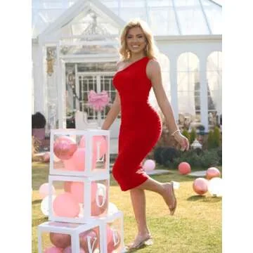 LAGSHIAN Women's Sexy Bodycon One Shoulder Sleeveless Ruched Midi Club Party Dress Red