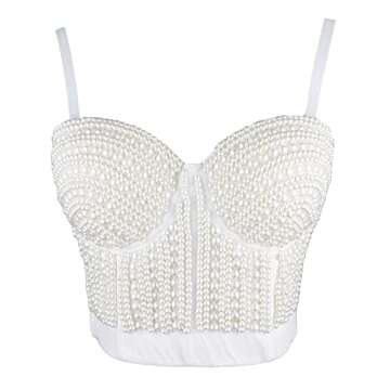 ELLACCI Woment's Pearls Beaded Bustier Crop Top Club Party Sexy Corset Top Bra White Large