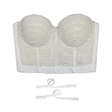 ELLACCI Woment's Pearls Beaded Bustier Crop Top Club Party Sexy Corset Top Bra White Large