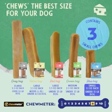 Chewmeter Himalayan Yaky Cheese Chew, 100% Natural, Long Lasting, Gluten Free, Healthy & Safe Dog Treats, Lactose & Grain Free, Protein Rich, Stain Free, Small, For Dogs 15 Lbs & Smaller, 3.3 Ounce
