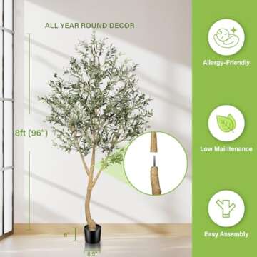 Realead 8ft Faux Olive Tree, Large Realistic Olive Trees Artificial Indoor, Tall Fake Olive Tree with Natural Wood Trunk and Lifelike Fruits for Home Office Decor