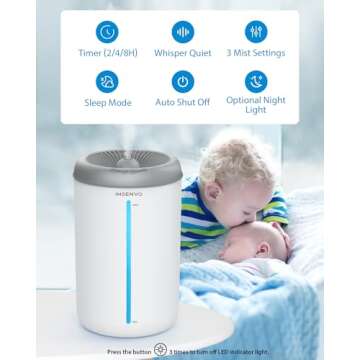 INSENVO Humidifiers for Bedroom Large Room, 4.5L Air Humidifier for Plants Baby Nursery Home Office, 1.18Gal Top Fill Ultrasonic Cool Mist Humidifiers with 3 Mist Levels, Auto Shut-Off, Night Light