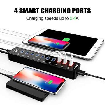 Powered USB 3.0 Hub, Atolla USB 3.0 Data Hub 11 Ports - 7 USB 3.0 Data Ports + 4 Smart Charging Port with Individual On/Off Switches and 12V/4A Power Adapter USB Hub 3.0 Splitter
