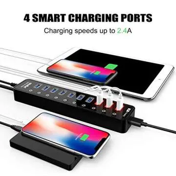 Powered USB 3.0 Hub, Atolla USB 3.0 Data Hub 11 Ports - 7 USB 3.0 Data Ports + 4 Smart Charging Port with Individual On/Off Switches and 12V/4A Power Adapter USB Hub 3.0 Splitter
