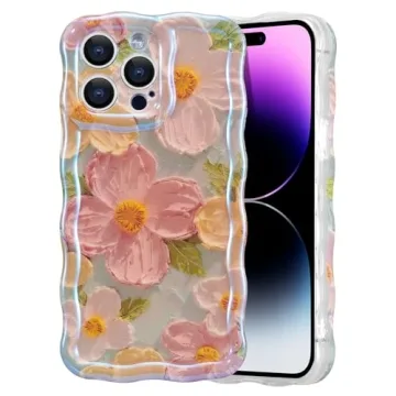 EYZUTAK Case for iPhone 14 Pro, Colorful Retro Oil Painting Printed Flower Laser Glossy Pattern Cute...