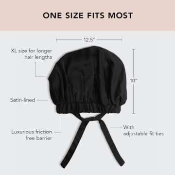 Kitsch XL Satin Sleeping Bonnets for Women - Softer Than Silk Hair Bonnet for Sleeping, Night Cap for Curly, Textured & Perfectly Styled Hair, Large Sleep Bonnets Prevents Breakage & Tangles - Black