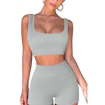 QINSEN Workout Sets for Women 2 Piece Seamless Ribbed Crop Tank High Waist Shorts Yoga Outfits (S, Light Grey)