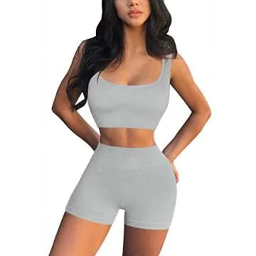 QINSEN Workout Sets for Women 2 Piece Seamless Ribbed Crop Tank High Waist Shorts Yoga Outfits (S, Light Grey)