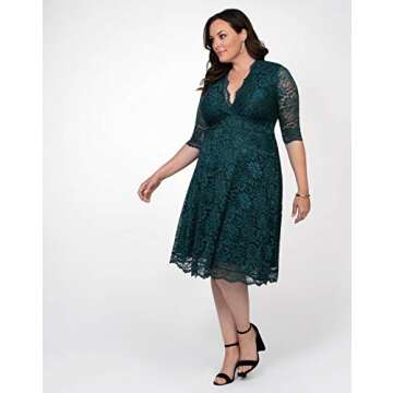 Kiyonna Women's Plus Size Mademoiselle Midi Lace Cocktail Dress for Wedding Guest, Mother of The Groom or Bride, Formal or Semi-Formal, Green Size 1X (14-16)