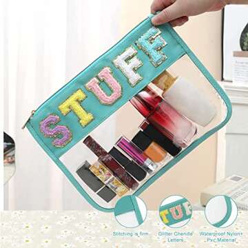 BCRMPT Chenille Letter Bag Clear Flat Pouch,Multi-purpose PVC&Nylon Clear Cosmetic Bags,Travel Makeu...