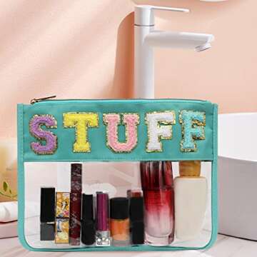 BCRMPT Chenille Letter Bag Clear Flat Pouch,Multi-purpose PVC&Nylon Clear Cosmetic Bags,Travel Makeup Bag With Zipper For Women,Clear Pouches for Travel,Gym,Beach (Green-Stuff)
