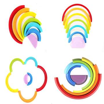 Montessori Wooden Rainbow Toy Colored Arch Bridge Blocks Set Shape Sorting Game Learning Toy Stacker Nesting Assembly Puzzle Piece