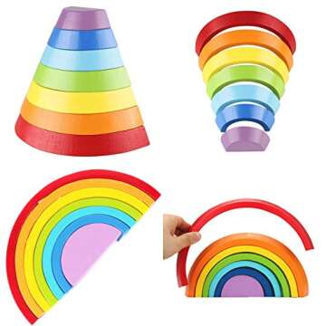 Montessori Wooden Rainbow Toy Colored Arch Bridge Blocks Set Shape Sorting Game Learning Toy Stacker Nesting Assembly Puzzle Piece