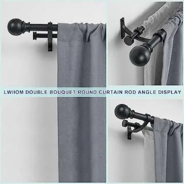 Lwiiom Double Curtain Rods with Aluminum Bouquet Brackets and Round Finials,Matte black Curtain Rods for Windows 28 to 48 inch,1-Inches Front and 5/8 Inches Back Double Window Drapery Rod