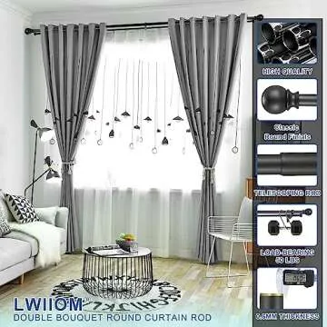 Lwiiom Double Curtain Rods with Aluminum Bouquet Brackets and Round Finials,Matte black Curtain Rods for Windows 28 to 48 inch,1-Inches Front and 5/8 Inches Back Double Window Drapery Rod