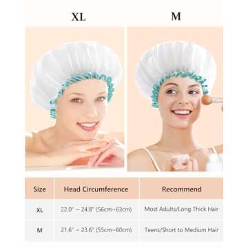 mikimini White Shower Caps for Women Long Hair - 2 Pack, Large Size, Reusable & Waterproof