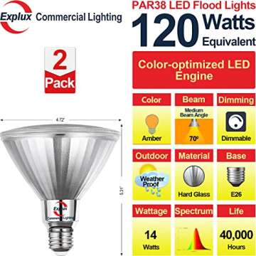 Explux Full Glass LED PAR38 Outdoor Flood Amber Light Bulbs, 120W Equivalent, Weatherproof & Anti-Ag...