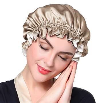 LilySilk Pure Silk Lined Cap for Women Sleep, Double Layered, Adjustable Ribbons, Luxury Natural Sil...