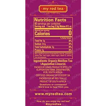 My Red Tea | USDA Organic Rooibos Tea | 80 Tagless Teabags | Single-Origin, Farmer-Friendly, Caffeine-Free | Sustainably Farmed in South Africa | Pure & Natural