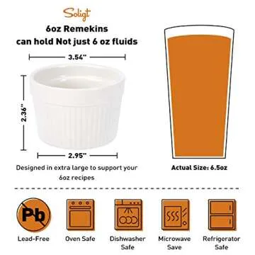 Creme Brulee Making Set - 6 Porcelain Ramekins 6 oz, 304 Stainless Steel Lifting Rack, 9" X 13" Bottom Pan