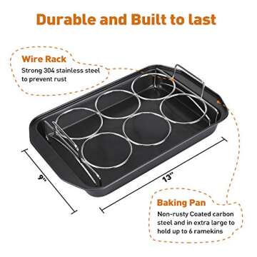 Creme Brulee Making Set - 6 Porcelain Ramekins 6 oz, 304 Stainless Steel Lifting Rack, 9" X 13" Bottom Pan
