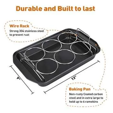 Creme Brulee Making Set - 6 Porcelain Ramekins 6 oz, 304 Stainless Steel Lifting Rack, 9" X 13" Bottom Pan