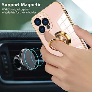 OOK Compatible with iPhone 13 Pro Case with Ring Holder Full Camera Lens Protection Plating Rose Gold Edge 360°Kickstand Slim Soft TPU Protective Case Cover for iPhone 13 Pro 6.1 Inch -Pink