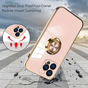 OOK Compatible with iPhone 13 Pro Case with Ring Holder Full Camera Lens Protection Plating Rose Gold Edge 360°Kickstand Slim Soft TPU Protective Case Cover for iPhone 13 Pro 6.1 Inch -Pink